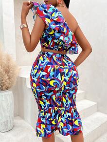 AIJ Conjunto de 2 piezas de top corto con volantes y estampado floral y falda con dobladillo de cola de sirena (patrón floral aleatorio) para mujer Amarilo - azul oscuro - Ver 2