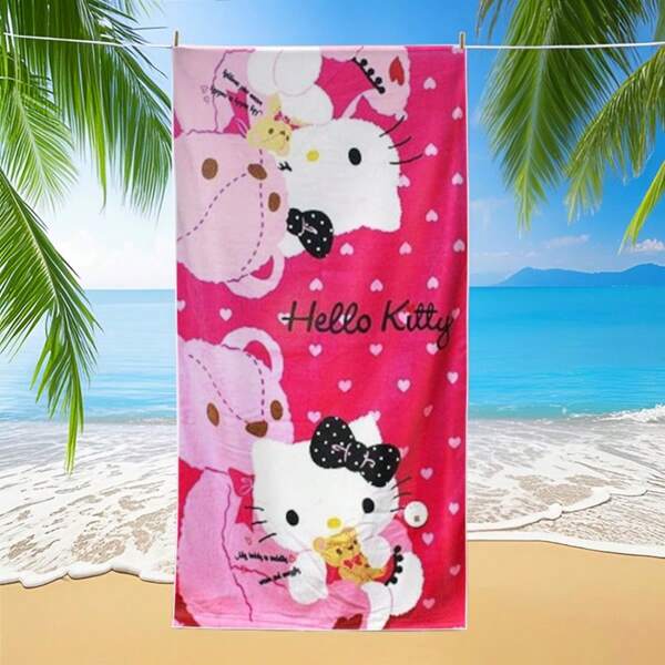 Sanrio 1pc Oversized Hello Kitty Beach Towel - Quick Dry, Lightweight Microfiber With Pink Heart Pattern, Suitable For Travel, Camping, Swimming And Yoga