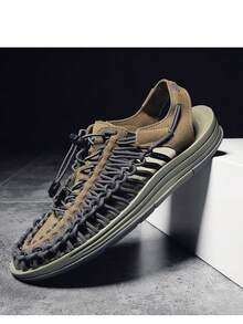 新款情侣编织凉鞋，休闲沙滩鞋，罗马凉鞋，徒步水鞋，户外徒步 - 卡其色 - 查看 4