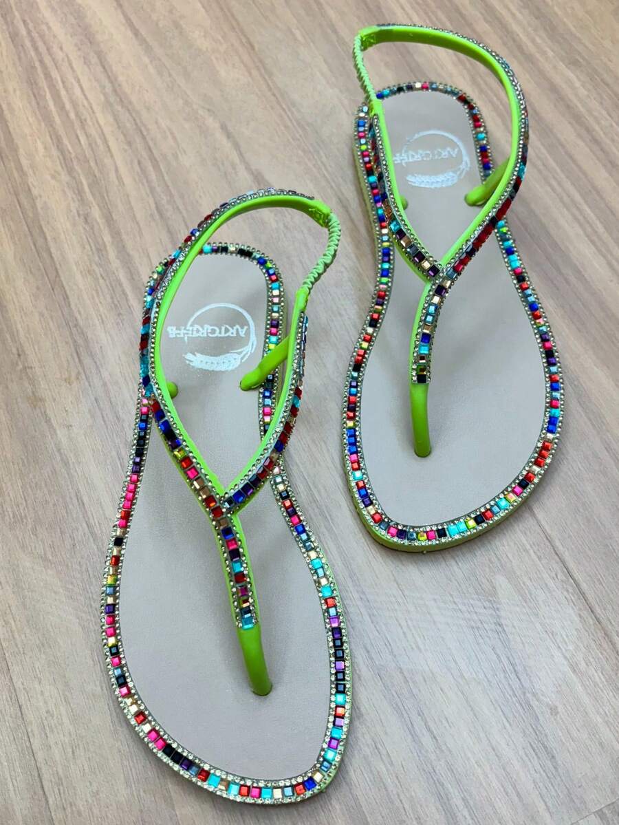 Women's Luxury Rhinestone Flat Sandal Art Griffe Paris Christmas New Year's Eve - GREEN/Ivory - View 1