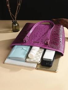 2pcs Crocodile Pattern Large Capacity Tote Bag - PU Leather Textured Shoulder Bag, Casual Versatile Commuter Bag With Clutch Purse - Màu tím - Xem 7