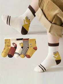 5双卡通恐龙条纹袜，儿童及青少年日常休闲穿着 - 彩色 - 查看 1