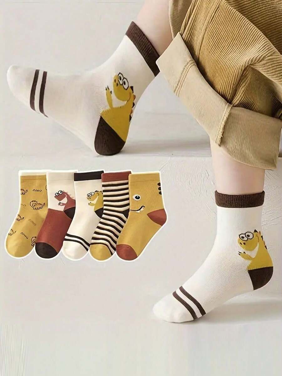 5双卡通恐龙条纹袜，儿童及青少年日常休闲穿着 - 彩色 - 查看 1