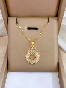 1 套不锈钢链铜镶嵌项链和耳环套装，奢华立方体水钻个性化派对珠宝礼品配件 - 金色 - 查看 2