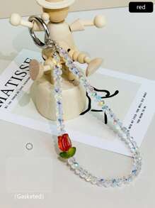 1pc Beaded Wristlet Crystal Tulip Phone Lanyard, Bracelet Style Hanging Chain, Bag Charm