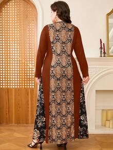 DEARCASE Plus Size Print Long Sleeve Maxi Dress, Fashionable Design Suitable For Summer, Modest Spring Vacation - Coffee Brown - View 2