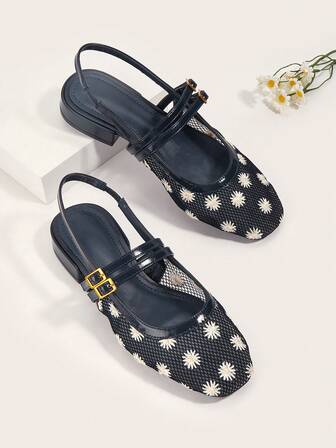 休闲通勤日间春夏黑色方头扣带网眼透气雏菊平底罗马凉鞋