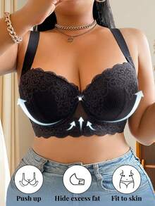 Plus Size Women Lace Patchwork Supportive Underwire Bra, Lift - Black - View 1