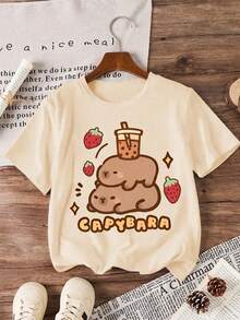 Tween Girls' Casual Funny Print Round Neck Short Sleeve T-Shirt, Summer Top - Apricot - View 3