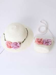 Two Pieces Girls Hat Summer New Cute Princess Fairy Flower Straw Hat Princess Bag Sun Protection Sun Hat Princess Outing Beach Hat Cute Suitable For Daily - Flowers - View 10