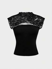 Glamful Sleeveless Cropped Lace Patchwork Sexy Hollow Out T-Shirt - Black - View 2