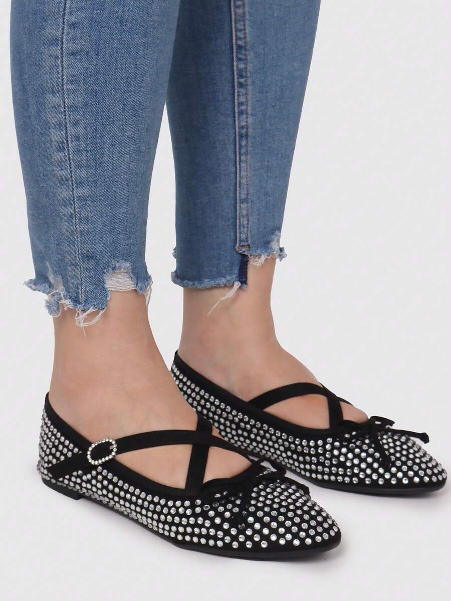 Basic Ballet Flats Made Of Synthetic Suede With Rhinestone X-Strap - Black - View 1