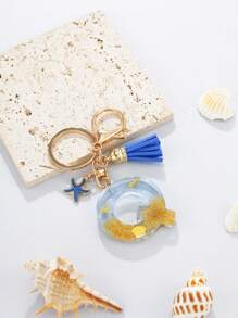 1pc A-Z English Letter Keychain, Resin Drop Glue Oceanic Elements Letter Pendant Keychain For Girls, Summer Starfish, Seashell Decor Random Color Children Bag Accessories
