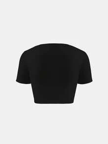 XLLALS Áo thun mùa hè cổ vuông tay ngắn co giãn cao, làm mát, hai lớp, dáng ôm cơ bản, màu trắng, áo crop top nữ - màu đen - Xem 4