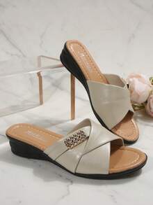 Women's Wedge Sandals, Casual Vacation Thick Sole Shoes, Shiny Rhinestone Decor, Comfortable Sandals - Beige - View 4
