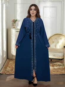 Cárdigan de mujer largo tipo bata, vestido largo de ajuste holgado con adornos de strass, con cremallera, modesto - Azul - Ver 1