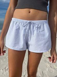 Women's Summer Stripe Print Tether Minimalist Everyday Shorts - Blue - View 9