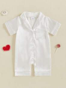 Infant Baby Girl Boy Silk Jumpsuit Pajamas Short Sleeve Button-Up Satin Pjs Footie Romper Pajama Nightgown - 白色 - 查看 6