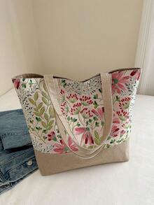 Sac fourre-tout à motif floral mode, sac à bandoulière léger peint, sac de shopping casual, convient pour les déplacements quotidiens des femmes, les étudiantes, les voyages, le tourisme, le travail, les jeunes filles - Rose bonbon - Voir 10