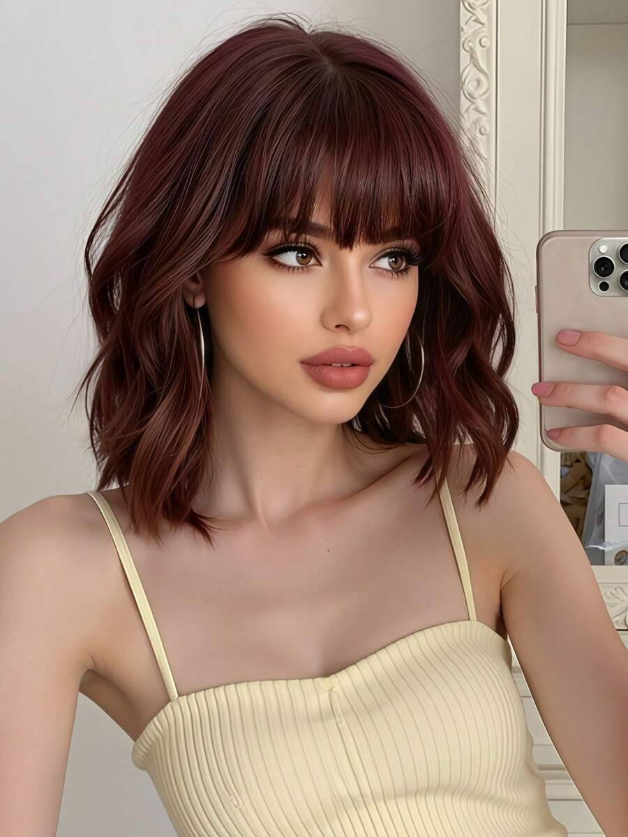 Wine Red 14inch Bob Wigs For Women Curly Wavy Wigs With Bangs Short Heat Resistant Synthetic Wigs For Party Costume Daily Wear Music Festival Colorful Wigs - Màu Đỏ Sâu - Xem 1