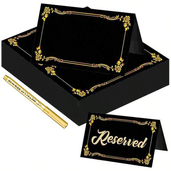 100 pezzi di Segnaposto neri con penna dorata per matrimoni, biglietti da visita con bordo in lamina d'oro per apparecchiare la tavola, tende da tavolo pieghevoli per buffet, banchetti, feste ed eventi | Tende da tavolo pieghevoli con design di penna dorata