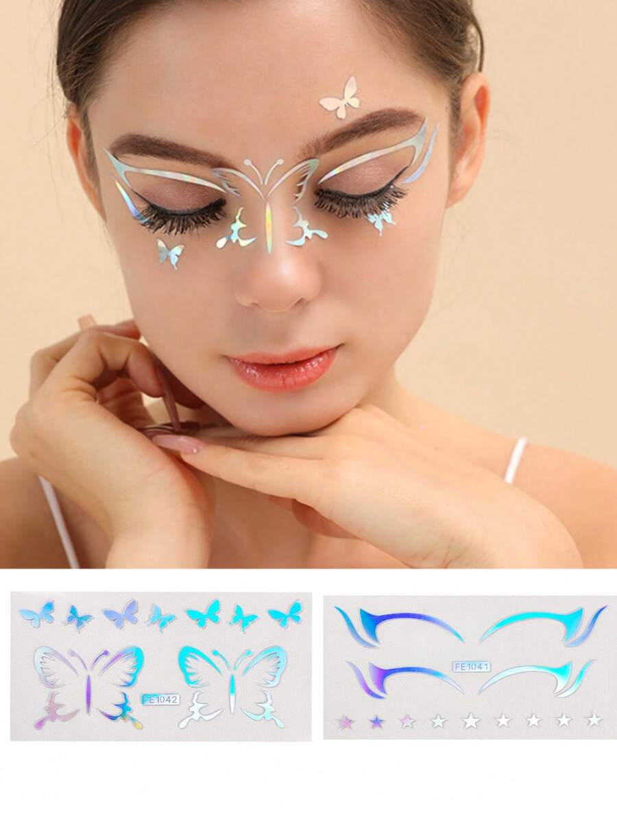 2pcs Reusable Eyeliner Stickers, Easy To Apply And Remove, Laser Eyeliner Stickers, European And American Silver Laser Butterfly Star Double Eyelid Stickers, Suitable For Party Performance, Holiday Party - Multicolor - View 1