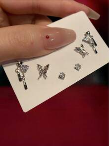 6pcs/Set High-End Liquid Flow Butterfly & Rhinestone Heart Stud Earrings With Unique Design Sense Valentines,Mom,Mother,Mother's Day,Gift - Silver - View 1