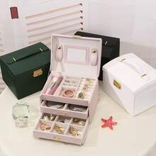 New 3-Layer Large Capacity Jewelry Storage Box, Portable Jewelry Box With Mirror, Dresser Jewelry Box With Drawers, Leather Jewelry Box Gift, Delicate Display Storage Container, Bathroom Organizer, Desk Drawer Box Graduation