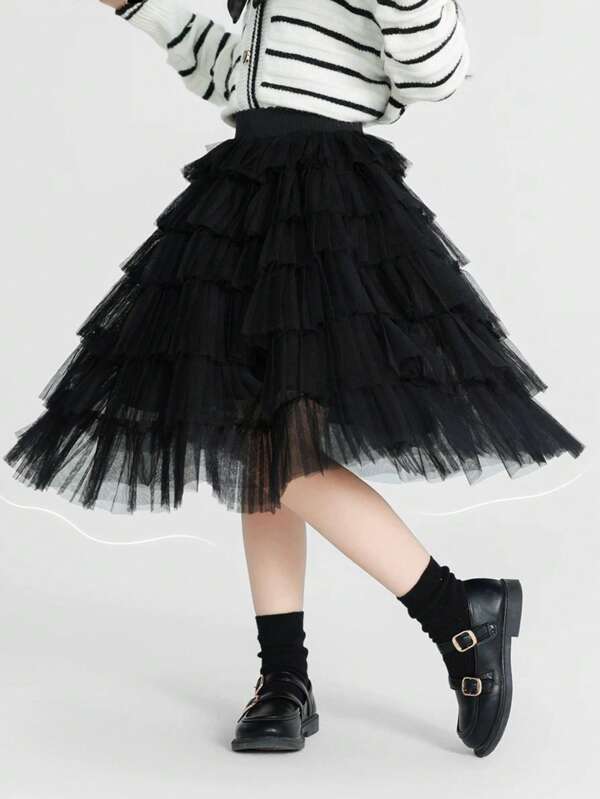 Girl Cake Tulle Skirt, Girls Long Flared Skirt, Versatile Skirt