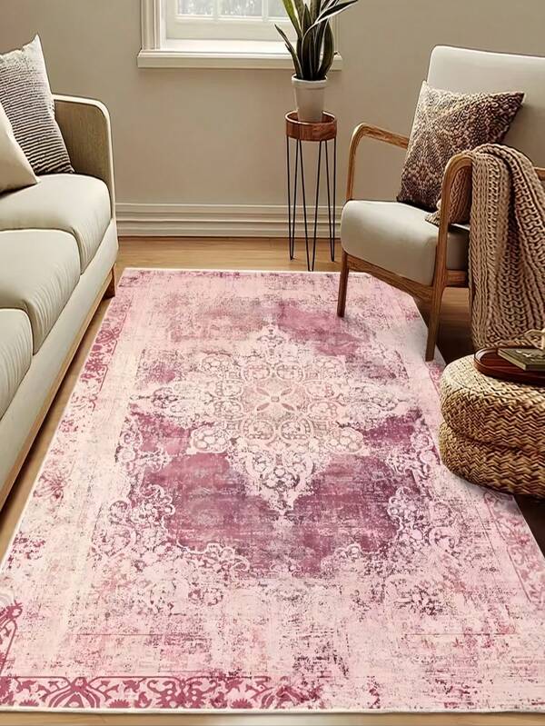 1 Stück luxuriöse bohemische vintage Blumen rosa Bodenauflage, rutschfest & maschinenwaschbar, perfekt für Wohnzimmer, Schlafzimmer, Flur - elegantes Hofdesign mit leuchtenden Blumen und Barockmustern, Innenbereich Matte | Blumenmuster Matte | rutschfeste Rückseite, Teppiche für Wohnzimmer