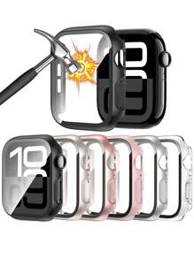3 IN 1 Tempered Glass Film Hard PC Bumper Case Compatible With Apple Watch Series 11 10 9 8 7 6 5 4, 40mm/41mm/42mm/44mm/45mm/46mm/49mm Compatible With IWatch Ultra-Thin Hard PC Full Protective Face Cover Screen Protector Protector Case Face Cover, For Women Men, Ultra-Thin Guard,Clear/Black/Rose Gold