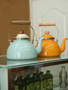 1pc Nordic Style Whistle Enamel Wood Handle Kettle, Multifunctional All-Season Durable High-Temperature Resistance Tea Pot, Coffee Pot, Cold Water Pot, Milk Tea Pot, Unbreakable Oil Pot, Highly Attractive Special Fireside Tea Pot, Fresh Home Desktop Decor, Special Drinkware For Birthday, Holiday Gathering, Outdoor Camping, Picnicking Portable Water Bottle - Whistling Kettle - View 13
