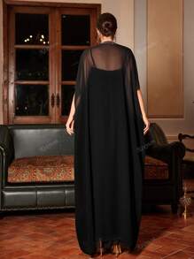 Kexmon Elegant V-Neck Rhinestone Embellishment Chiffon Two-Piece Elegant Arabic Style Long Dress