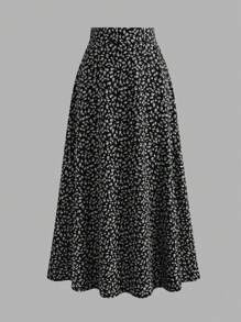 EARO 复古浪漫花卉雪纺休闲简约日常百搭高腰 A 字裙，适合女士，春秋，弹力，修身，宽松，优雅长喇叭下摆 - 黑色 - 查看 1