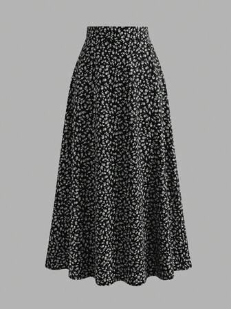 EARO Vintage Romantic Floral Chiffon Casual Minimalist Daily Versatile High Waist A-Line Skirt For Women, Spring/Autumn, Stretchy, Slimming, Loose, Elegant Long Flared Hem