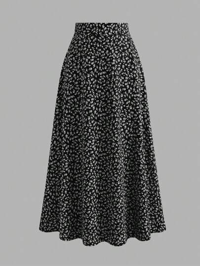 EARO 复古浪漫花卉雪纺休闲简约日常百搭高腰 A 字裙，适合女士，春秋，弹力，修身，宽松，优雅长喇叭下摆