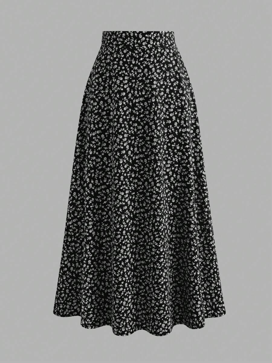 EARO 复古浪漫花卉雪纺休闲简约日常百搭高腰 A 字裙，适合女士，春秋，弹力，修身，宽松，优雅长喇叭下摆 - 黑色 - 查看 1