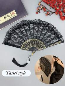 复古欧式蕾丝镂空花卉流苏手扇，便携，适合夏季拍照、跳舞、户外装饰 - 彩色 - 查看 4