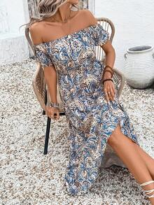 Women's Long Waisted Slim Printed Off Shoulder Sweet Dress - Multicolor - View 6