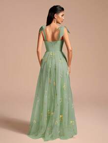 花卉刺绣薄纱吊带及膝正式鸡尾酒会礼服、派对礼服、舞会礼服、婚礼度假春季礼服 - 淺綠色 - 查看 3
