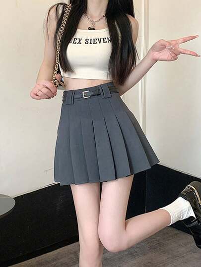 百搭纯色褶裥半身裙，带衬里（含腰带）