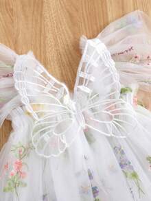 1pc Young Girl Cute Elegant Princess Butterfly & Floral 3D Decor Cap Sleeve Embroidery Tulle Tutu Party Dress, Beach Holiday Outfit, Spring/Summer/Autumn - White - View 4