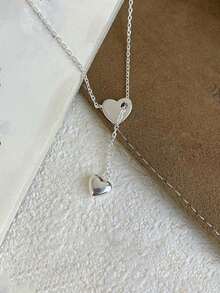 1 件 925 纯银时尚优雅双心形流苏吊坠项圈项链女士日常佩戴母亲节珠宝礼物 - 銀色 - 查看 5