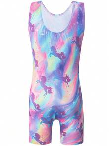Young Girl Unicorn Print Gymnastics Leotard, Sleeveless Rhinestoned Bodysuit - Màu đỏ tím - Xem 2