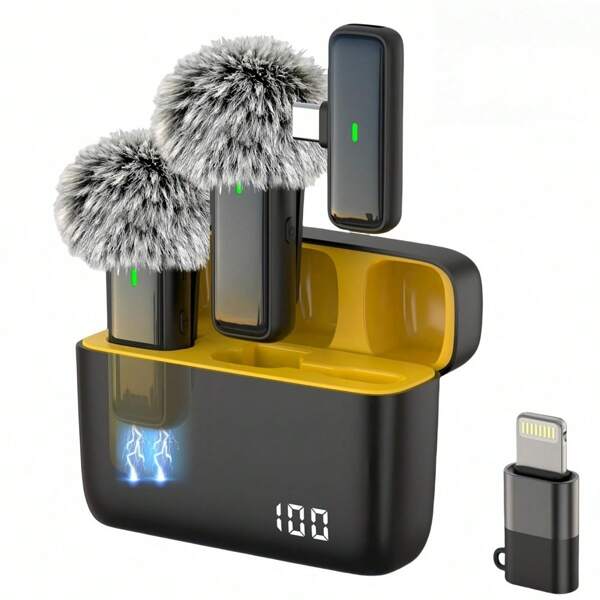 Universal Wireless Lavalier Microphone Suitable For Video Recording, Streaming, Video Blogging, Short Videos. Digital Charging Case, 24-Hour Standby, Intelligent Noise Reduction, Including Apple Adapter And Windproof Sponge Compatible With Iphone Android Phone For Summer Vacation, Audio/Video Recording, Interviews, Gaming & Live Streaming Mini Microphone