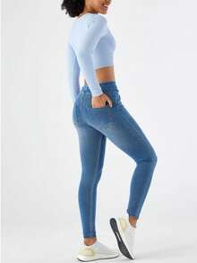 Jeggings For Women Tummy Control Pull On Stretchy Jeans High Waisted Skinny Jean Leggings With Pockets Casual - Light Blue - View 3