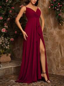 Robe maxi élégante pour demoiselle d'honneur ou mariée, avec col en V, fines bretelles, sans manches, fente haute, design plissé en forme A, mettant la silhouette en valeur, dans une couleur unie