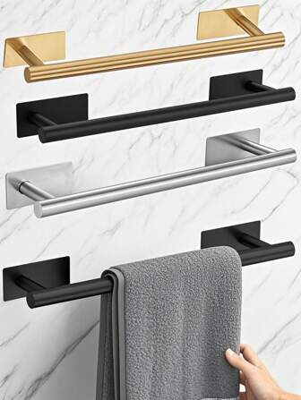 1pc Punch-Free Bathroom Towel Bar, Wall Mounted Towel Rack, Bathroom Hanger For Towels, Rags & Bath Towels, Strong Self-Adhesive, Glue Installation, Bathroom Storage Rack