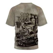 Men Plus Size Vintage Style T-Shirt With Route 66 Road Sign & Retro Car Print, Breathable Short Sleeve Top, Emo - Multicolor - View 7