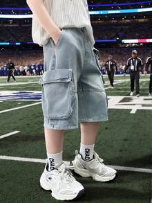 青少年男童夏季休闲工装牛仔短裤 - 淺藍色 - 查看 8